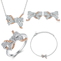 wholesale Sterling Silver S925 Bow Jewelry Set Earrings Ring Necklace Bracelet (4-piece)-undefined