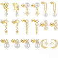 wholesale S925 Sterling Silver Star Moon Pearl Moonstone Zircon Inlaid Stud Earrings,-0-0