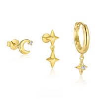 wholesale S925 Sterling Silver Wholesale Set Of Star And Moon Micro-inlaid Zirconia Earrings, Women's Unique Euro-american Design-Single set of three 925 silver