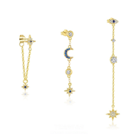 wholesale S925 Sterling Silver Evil Eye Star Moon Tassel Earrings With Inlaid Zircons, Women's Small Design Cross-border European And American Ear Jewelry-Single three-piece set 925 silver