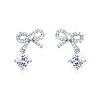 wholesale 925 Sterling Silver Elegant Bow Drop Earrings With Moissanite-studded Silver Tone-