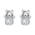 wholesale 925 Sterling Silver Silver Zircon Lucky Cat Earrings – Adorable Charm With Sparkling Accents-0-0