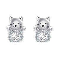 wholesale 925 Sterling Silver Silver Zircon Lucky Cat Earrings – Adorable Charm With Sparkling Accents-undefined