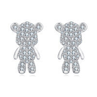 wholesale 925 Sterling Silver Sparkling Silver Teddy Bear Earrings Embedded With Zircon Accents-undefined