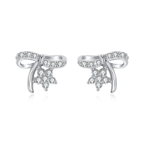 wholesale 925 Sterling Silver Elegant Silver Bow Earrings With Zircon-accented Flowers On Blue Velvet-undefined