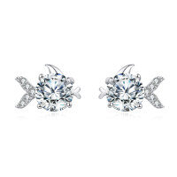 wholesale 925 Sterling Silver Zircon Fish Stud Earrings With Central Round Cut Zircons-undefined