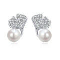 wholesale 925 Sterling Silver Elegant Pearl Drop Earrings With Zircon-encrusted Leaf Accents-0-4