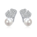 wholesale 925 Sterling Silver Elegant Pearl Drop Earrings With Zircon-encrusted Leaf Accents-0-0