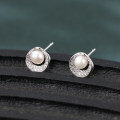 wholesale 925 Sterling Silver Elegant Pearl & Zircon Halo Stud Earrings-0-4