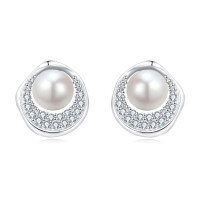 wholesale 925 Sterling Silver Elegant Pearl & Zircon Halo Stud Earrings-undefined