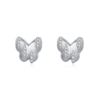 wholesale 925 Sterling Silver Elegant Butterfly Stud Earrings With Silver Zircon Accents On Blue Backdrop-undefined