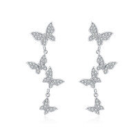 wholesale 925 Sterling Silver Elegant Silver Butterfly Drop Earrings With Zircon-studded Wings And Chain Charm-