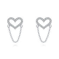 wholesale 925 Sterling Silver Elegant Heart-shaped Zircon Accent Chain Earrings-