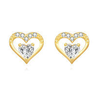 wholesale 925 Sterling Silver Heart-shaped Zircon Gold Stud Earrings-