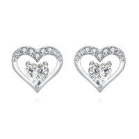 wholesale 925 Sterling Silver Elegant Heart-shaped Zircon Earrings In Plated with White Gold-