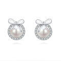 wholesale 925 Sterling Silver Elegant Pearl Drop Earrings With Zircon Halo And Bow Accent-0-0