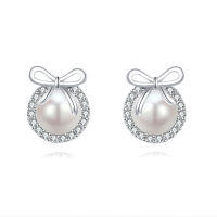 wholesale 925 Sterling Silver Elegant Pearl Drop Earrings With Zircon Halo And Bow Accent-