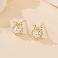 wholesale 925 Sterling Silver Elegant Pearl Earrings With Zircon Accents And Gold Bow Design-0-4