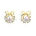 wholesale 925 Sterling Silver Elegant Pearl Earrings With Zircon Accents And Gold Bow Design-0-0
