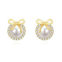 wholesale 925 Sterling Silver Elegant Pearl Earrings With Zircon Accents And Gold Bow Design-