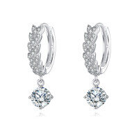 wholesale 925 Sterling Silver Elegant Moissanite Hoop Earrings With Leaf Vine Design And Dangling Solitaire-