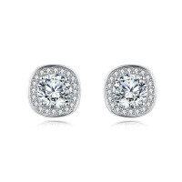wholesale 925 Sterling Silver Elegant Square Moissanite Stud Earrings With Halo Setting In Plated with White Gold-