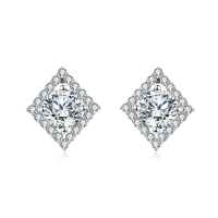wholesale 925 Sterling Silver Elegant Square Halo Moissanite Stud Earrings In Plated with White Gold: Timeless Beauty Meets Modern Design-undefined