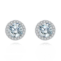 wholesale 925 Sterling Silver Elegant Moissanite Halo Stud Earrings On Black Wood With Teal Background-0-0