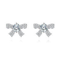 wholesale 925 Sterling Silver Elegant Moissanite Bow Stud Earrings In Plated with White Gold Setting-undefined