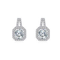 wholesale 925 Sterling Silver Elegant Cushion-cut Moissanite Halo Earrings With Pavé Accents In Sterling Silver-undefined