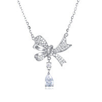 wholesale 925 Sterling Silver Elegant Zircon Bow Necklace With Teardrop Pendant-style