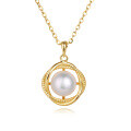 wholesale 925 Sterling Silver Elegant Gold Pearl Necklace With Circular Rope-textured Pendant-0-0