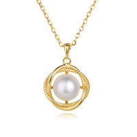 wholesale 925 Sterling Silver Elegant Gold Pearl Necklace With Circular Rope-textured Pendant-