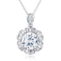 wholesale 925 Sterling Silver Elegant Moissanite Pendant Necklace In Plated with White Gold With Halo Setting And Chain-style