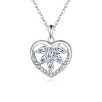 wholesale 925 Sterling Silver Elegant Silver Heart-shaped Zircon Floral Pendant Necklace-undefined