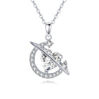 wholesale 925 Sterling Silver Eternal Love Zircon Heart & Crescent Moon Silver Necklace-undefined