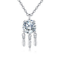 wholesale 925 Sterling Silver Elegant Moissanite Feather Necklace With Silver Chain And Sparkling Accents-