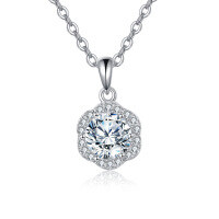 wholesale 925 Sterling Silver Elegant Sterling Silver Halo Necklace With Round Cut Moissanite Pendant-