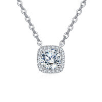 wholesale 925 Sterling Silver Elegant Moissanite Halo Pendant Necklace With Sparkling Square Frame-