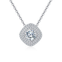 wholesale 925 Sterling Silver Elegant Moissanite Necklace With Double Halo Design In Plated with White Gold-