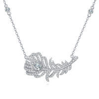 wholesale 925 Sterling Silver Zircon-encrusted Feather Pendant Necklace-undefined