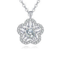 wholesale 925 Sterling Silver Elegant Floral Zircon Pendant Necklace With Round Center Stone And Baguette Accents-undefined