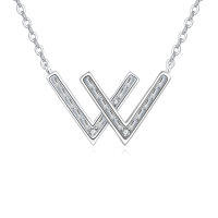 wholesale 925 Sterling Silver Elegant Silver Zircon-encrusted "w" Initial Pendant Necklace-undefined
