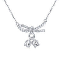 wholesale 925 Sterling Silver Zircon Bow Necklace With Tulip Charms - Elegant Feminine Jewelry-undefined