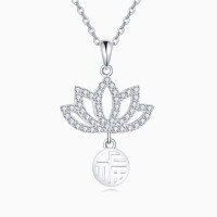 wholesale 925 Sterling Silver Elegant Lotus Flower Necklace With Sterling Silver And Cubic Zirconia Charm-undefined