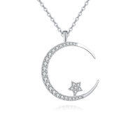 wholesale 925 Sterling Silver Elegant Silver Crescent Moon & Star Zircon Pendant Necklace-undefined