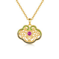 wholesale 925 Sterling Silver Elegant Gold Filigree Enamel Pendant Necklace With Pink Gemstone-