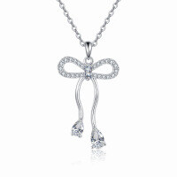 wholesale 925 Sterling Silver Elegant Zircon Bow Pendant Necklace In Sterling Silver With Teardrop Accents-