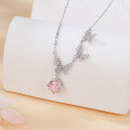 wholesale 925 Sterling Silver Elegant Triple Butterfly Necklace With Pink Gemstone And Zircon Accents-0-4