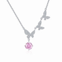 wholesale 925 Sterling Silver Elegant Triple Butterfly Necklace With Pink Gemstone And Zircon Accents-
